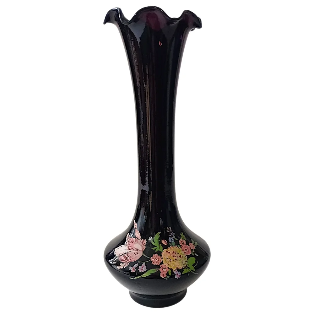 Vintage Black Amethyst Glass Bud Vase Floral Ruffled Fluted Top Edge‎ Victorian